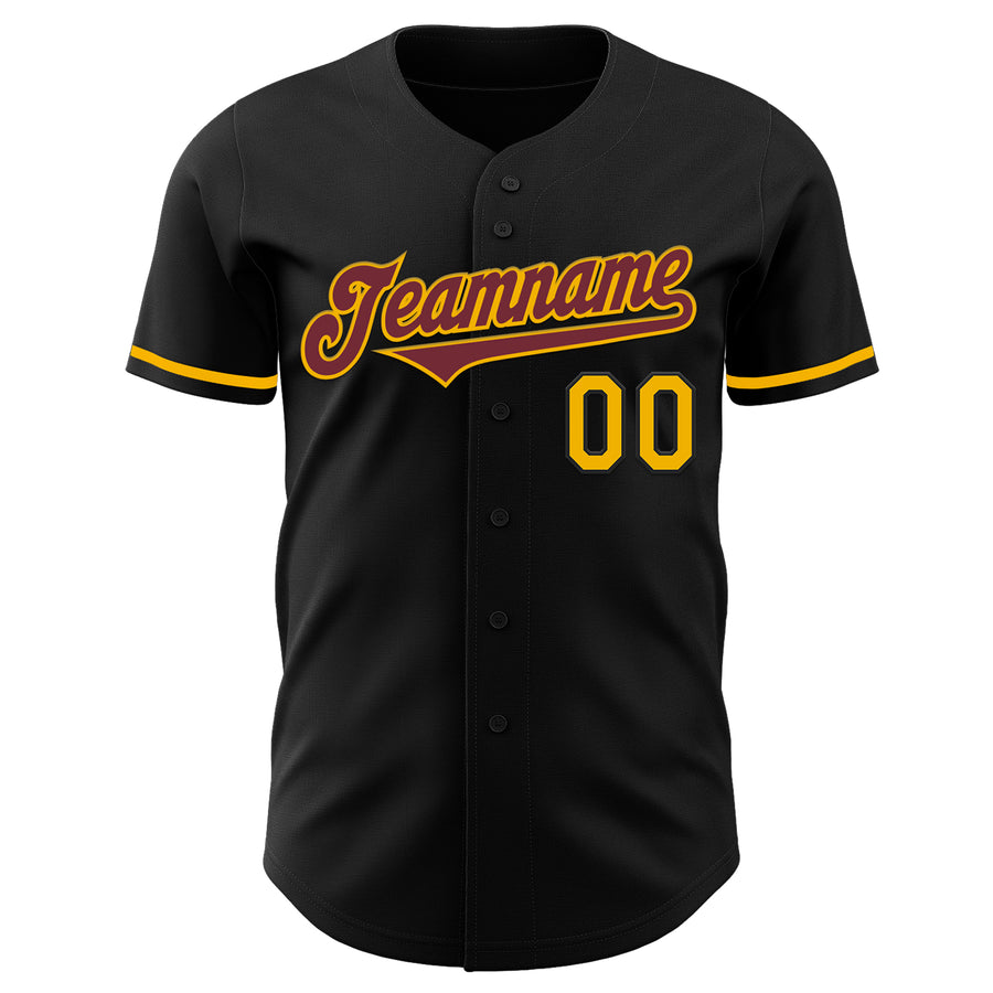 Custom Black Gold-Burgundy Authentic Baseball Jersey