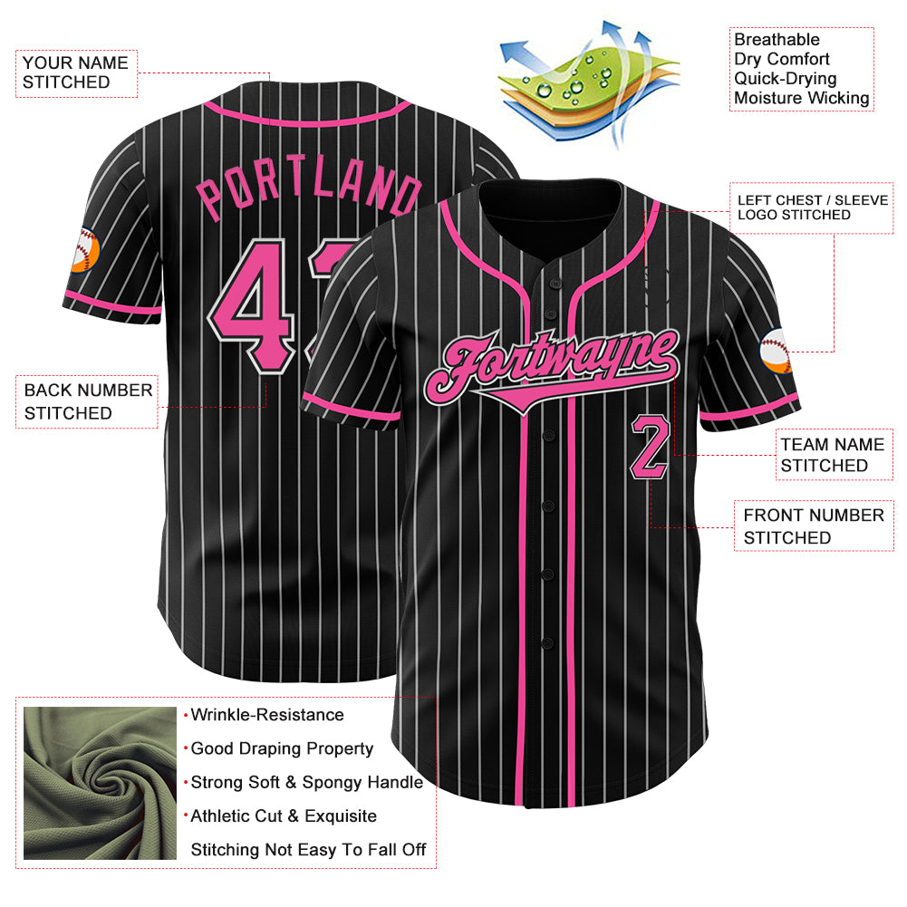 Custom Black White Pinstripe Pink Authentic Baseball Jersey