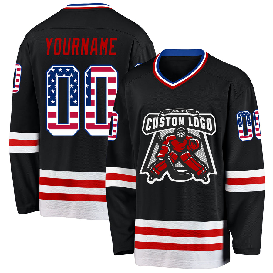 Custom Black USA Flag Royal-Red Hockey Jersey