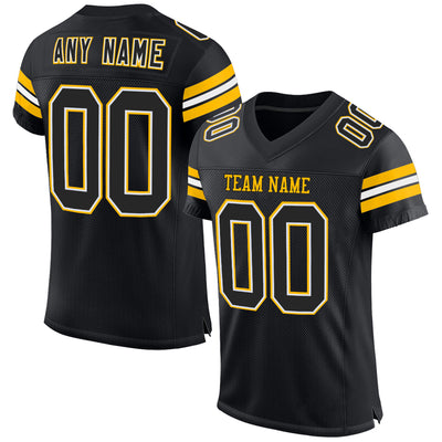 Custom Black White-Gold Mesh Authentic Football Jersey