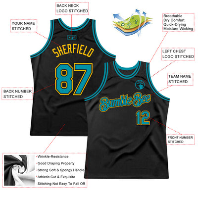 Custom Black Teal-Gold Authentic Throwback Basketball Jersey