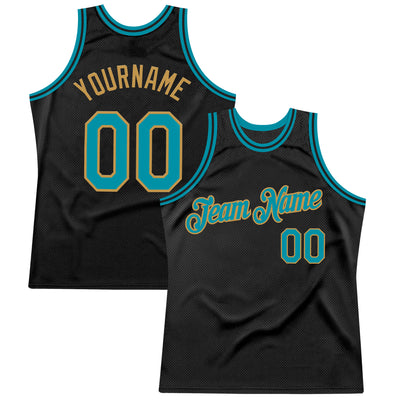 Custom Black Teal-Old Gold Authentic Throwback Basketball Jersey