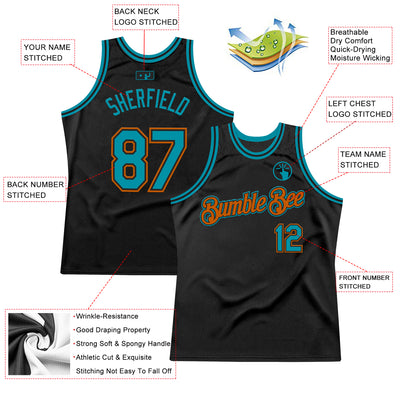 Custom Black Teal-Texas Orange Authentic Throwback Basketball Jersey