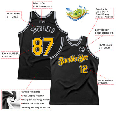 Custom Black Gold-Gray Authentic Throwback Basketball Jersey