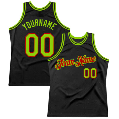 Custom Black Neon Green-Red Authentic Throwback Basketball Jersey