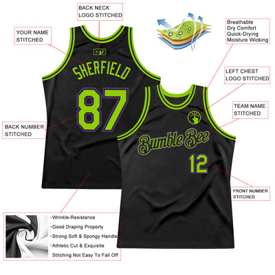 Custom Black Neon Green-Purple Authentic Throwback Basketball Jersey