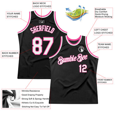 Custom Black White-Pink Authentic Throwback Basketball Jersey