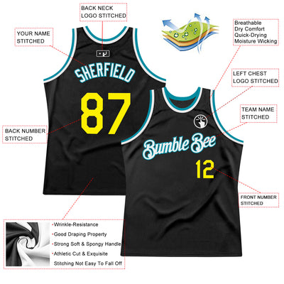 Custom Black Light Yellow-Teal Authentic Throwback Basketball Jersey