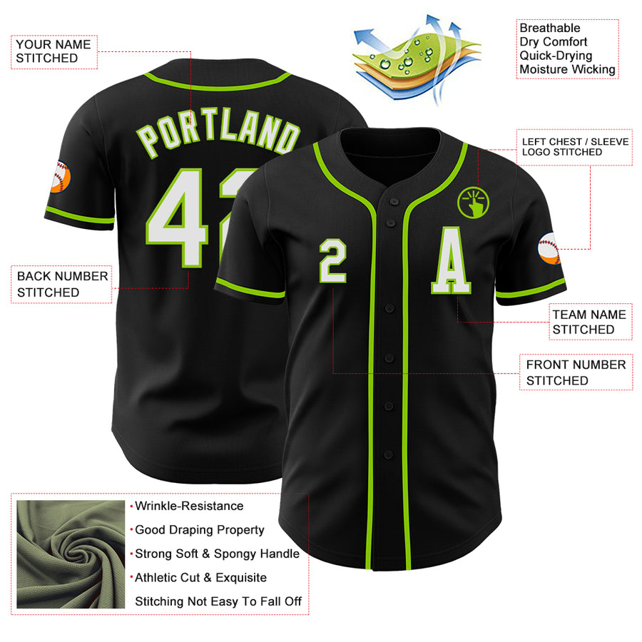 Custom Black White-Neon Green Authentic Baseball Jersey