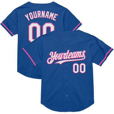 Custom Blue White-Pink Mesh Authentic Throwback Baseball Jersey