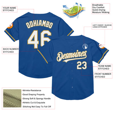 Custom Blue White-Old Gold Mesh Authentic Throwback Baseball Jersey