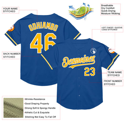 Custom Blue Gold-White Mesh Authentic Throwback Baseball Jersey