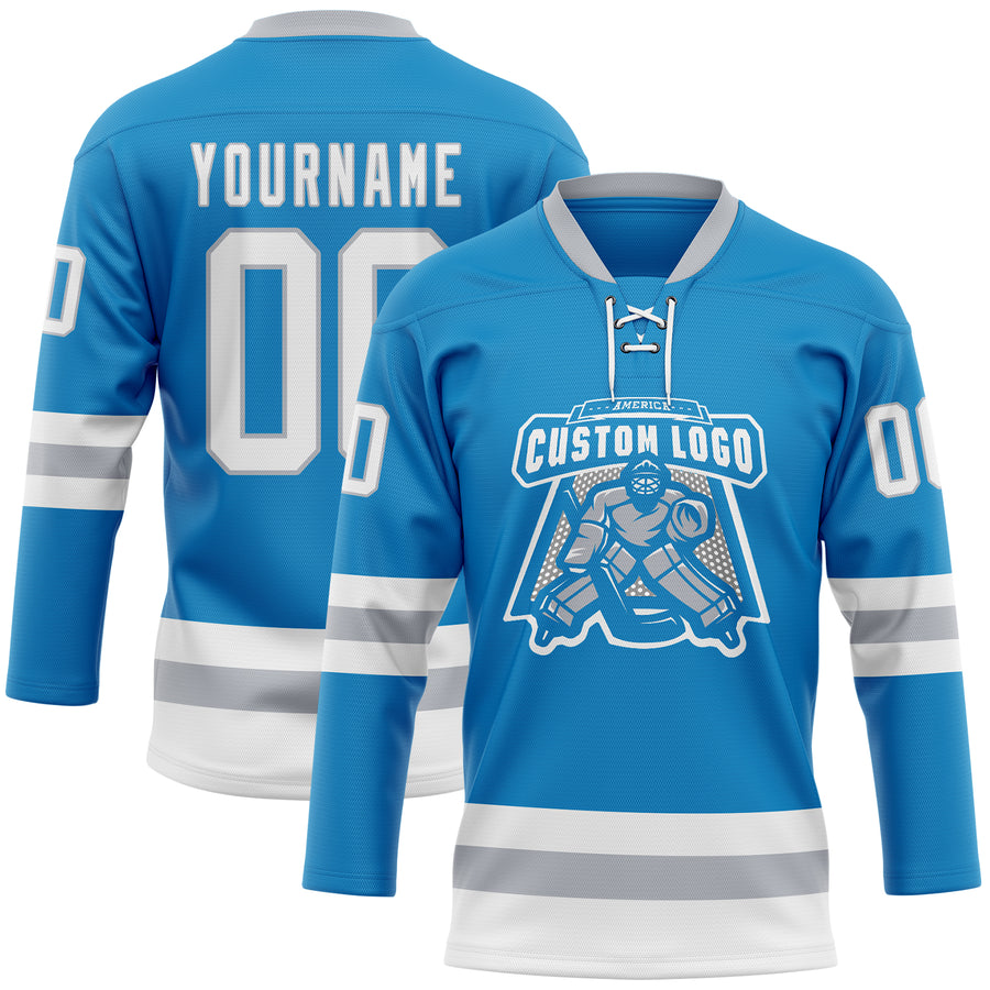 Custom Blue White-Gray Hockey Lace Neck Jersey