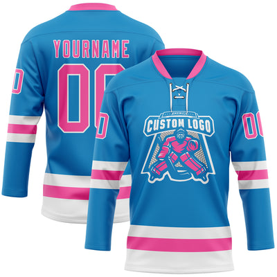 Custom Blue Pink-White Hockey Lace Neck Jersey