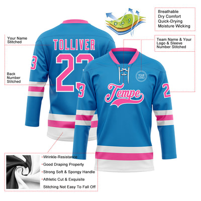 Custom Blue Pink-White Hockey Lace Neck Jersey