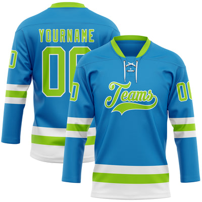 Custom Blue Neon Green-White Hockey Lace Neck Jersey