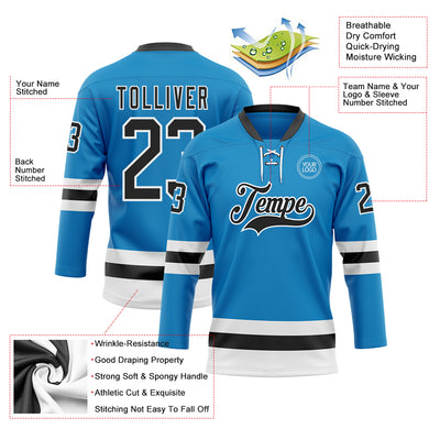 Custom Blue Black-White Hockey Lace Neck Jersey