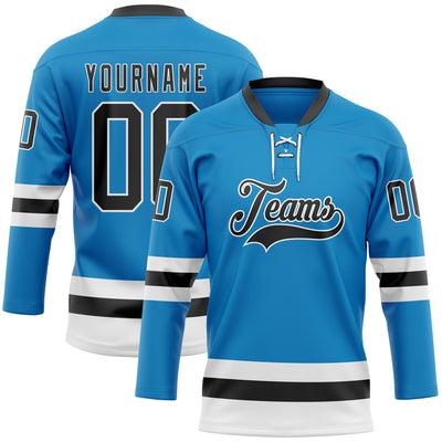 Custom Blue Black-White Hockey Lace Neck Jersey