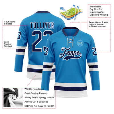 Custom Blue Navy-White Hockey Lace Neck Jersey