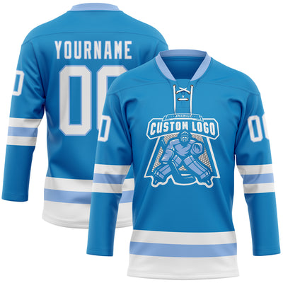 Custom Blue White-Light Blue Hockey Lace Neck Jersey