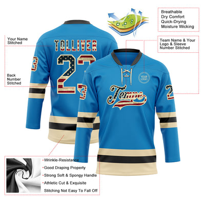 Custom Blue Vintage USA Flag Cream-Black Hockey Lace Neck Jersey