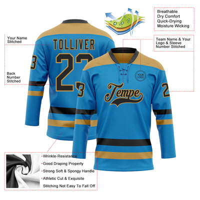 Custom Blue Black-Old Gold Hockey Lace Neck Jersey