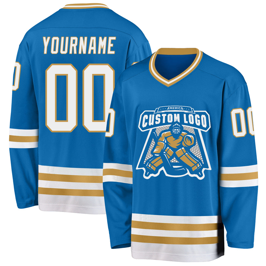 Custom Blue White-Old Gold Hockey Jersey