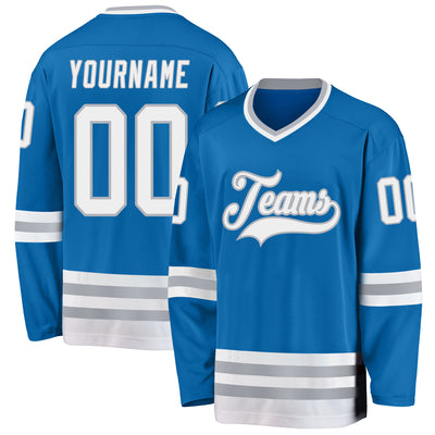 Custom Blue White-Gray Hockey Jersey