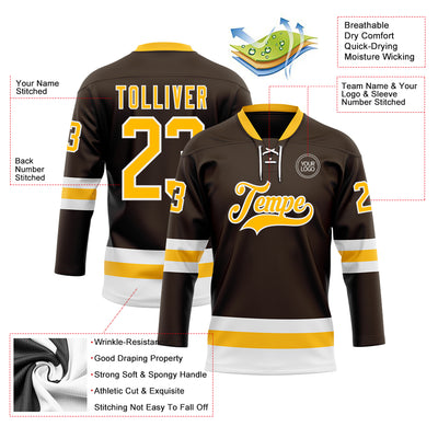 Custom Brown Gold-White Hockey Lace Neck Jersey