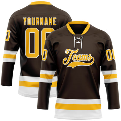 Custom Brown Gold-White Hockey Lace Neck Jersey