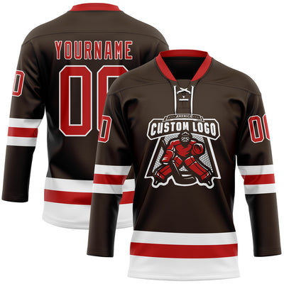 Custom Brown Red-White Hockey Lace Neck Jersey