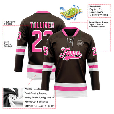 Custom Brown Pink-White Hockey Lace Neck Jersey