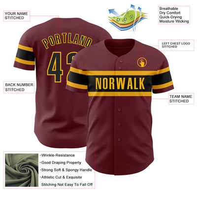 Custom Burgundy Black-Gold Authentic Baseball Jersey