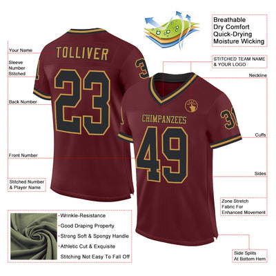 Custom Burgundy Black-Old Gold Mesh Authentic Throwback Football Jersey