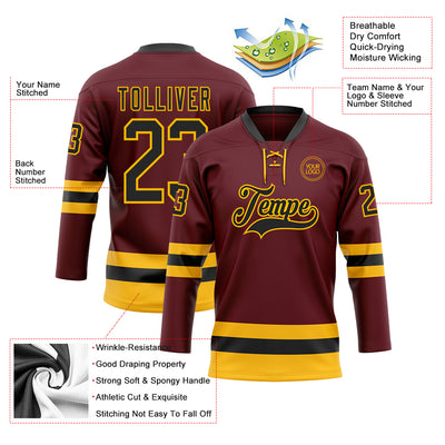 Custom Burgundy Black-Gold Hockey Lace Neck Jersey