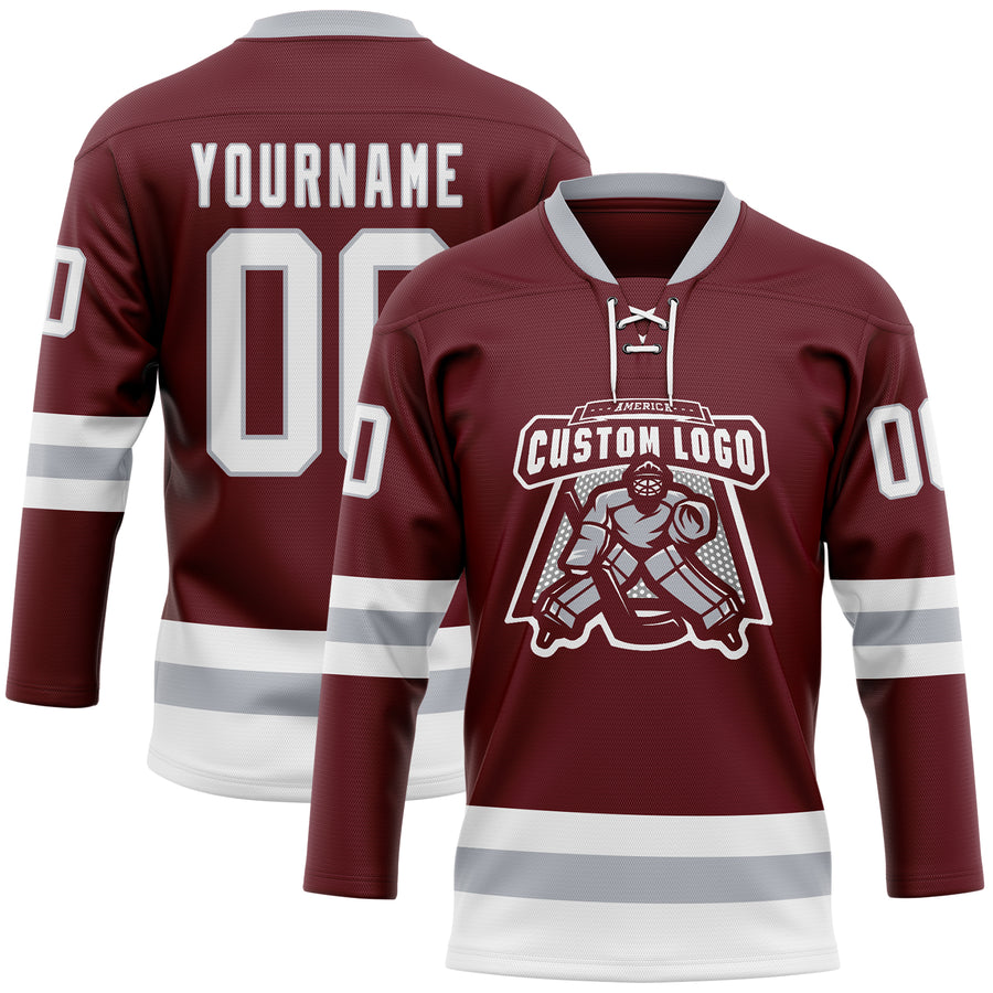 Custom Burgundy White-Gray Hockey Lace Neck Jersey