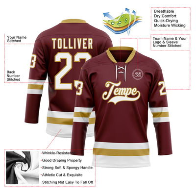 Custom Burgundy White-Old Gold Hockey Lace Neck Jersey