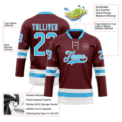 Custom Burgundy Sky Blue-White Hockey Lace Neck Jersey