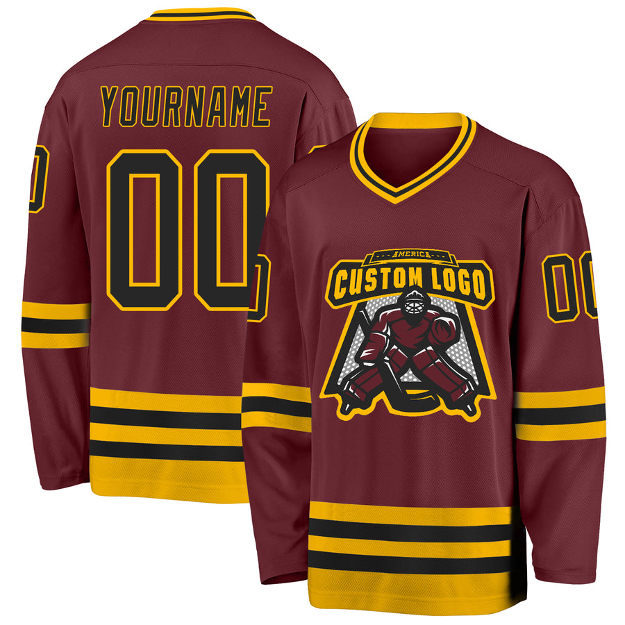 Custom Burgundy Black-Gold Hockey Jersey