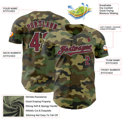 Custom Camo Burgundy-Black Authentic Salute To Service Baseball Jersey