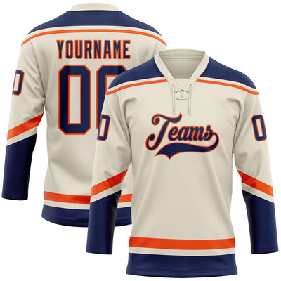 Custom Cream Navy-Orange Hockey Lace Neck Jersey