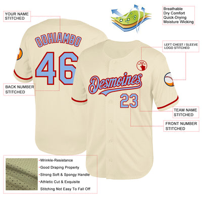 Custom Cream Light Blue-Red Mesh Authentic Throwback Baseball Jersey