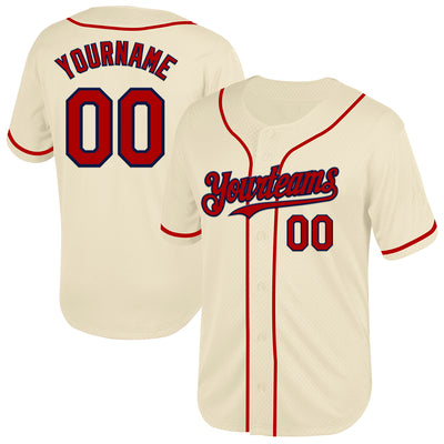 Custom Cream Red-Navy Mesh Authentic Throwback Baseball Jersey