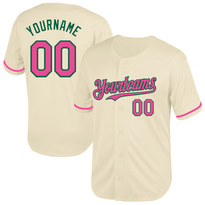 Custom Cream Pink-Kelly Green Mesh Authentic Throwback Baseball Jersey