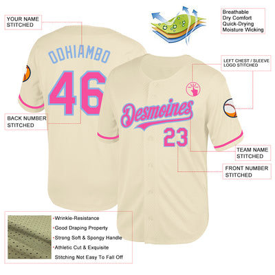 Custom Cream Pink-Light Blue Mesh Authentic Throwback Baseball Jersey