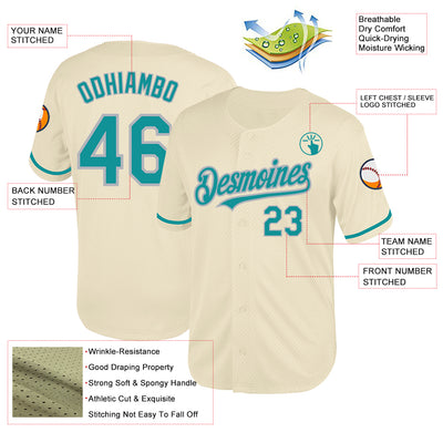 Custom Cream Teal-Gray Mesh Authentic Throwback Baseball Jersey