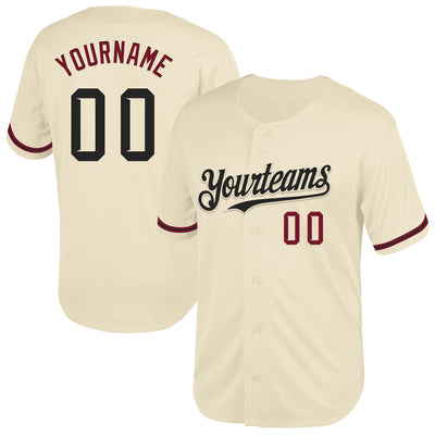 Custom Cream Black-Crimson Mesh Authentic Throwback Baseball Jersey