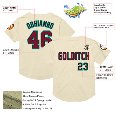 Custom Cream Crimson Black-Aqua Mesh Authentic Throwback Baseball Jersey