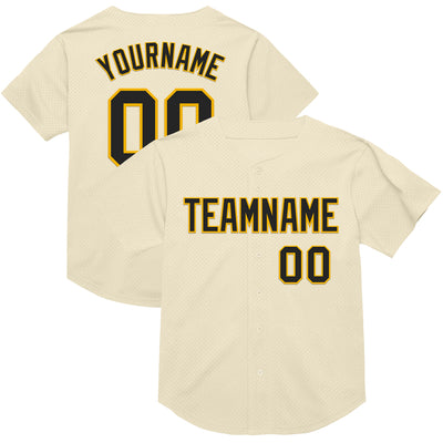 Custom Cream Black-Gold Mesh Authentic Throwback Baseball Jersey