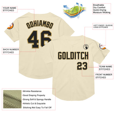 Custom Cream Black-Old Gold Mesh Authentic Throwback Baseball Jersey